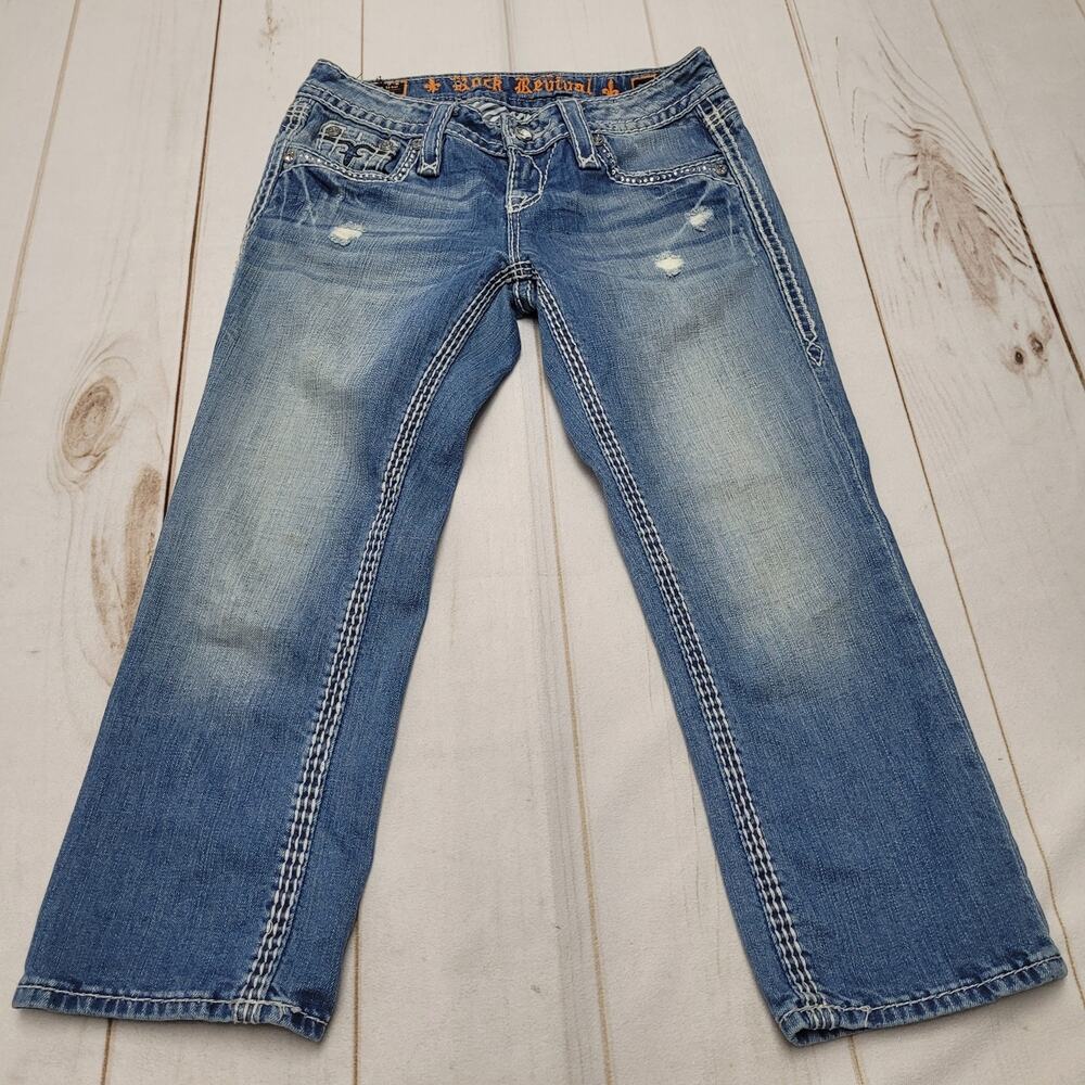 Rock Revival buckle Kai capri crop jeans slim low rise bling Y2k 26